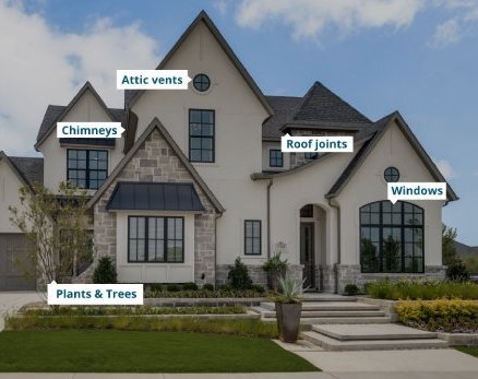 Home with labeled pest entry points: attic vents, chimneys, roof joints, windows, plants and trees